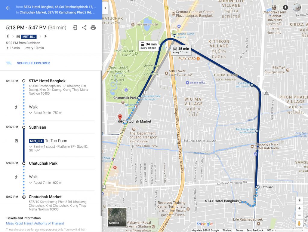 Map Directions from STAY Hotel to Chatuchak Market
